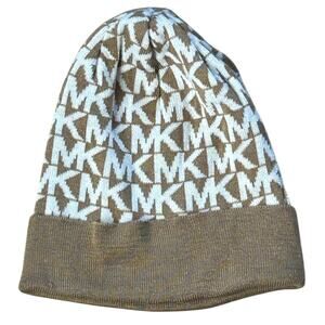 Michael Kors Womens MK Monogram Logo Winter Beanie Hat Gold White Knit‎